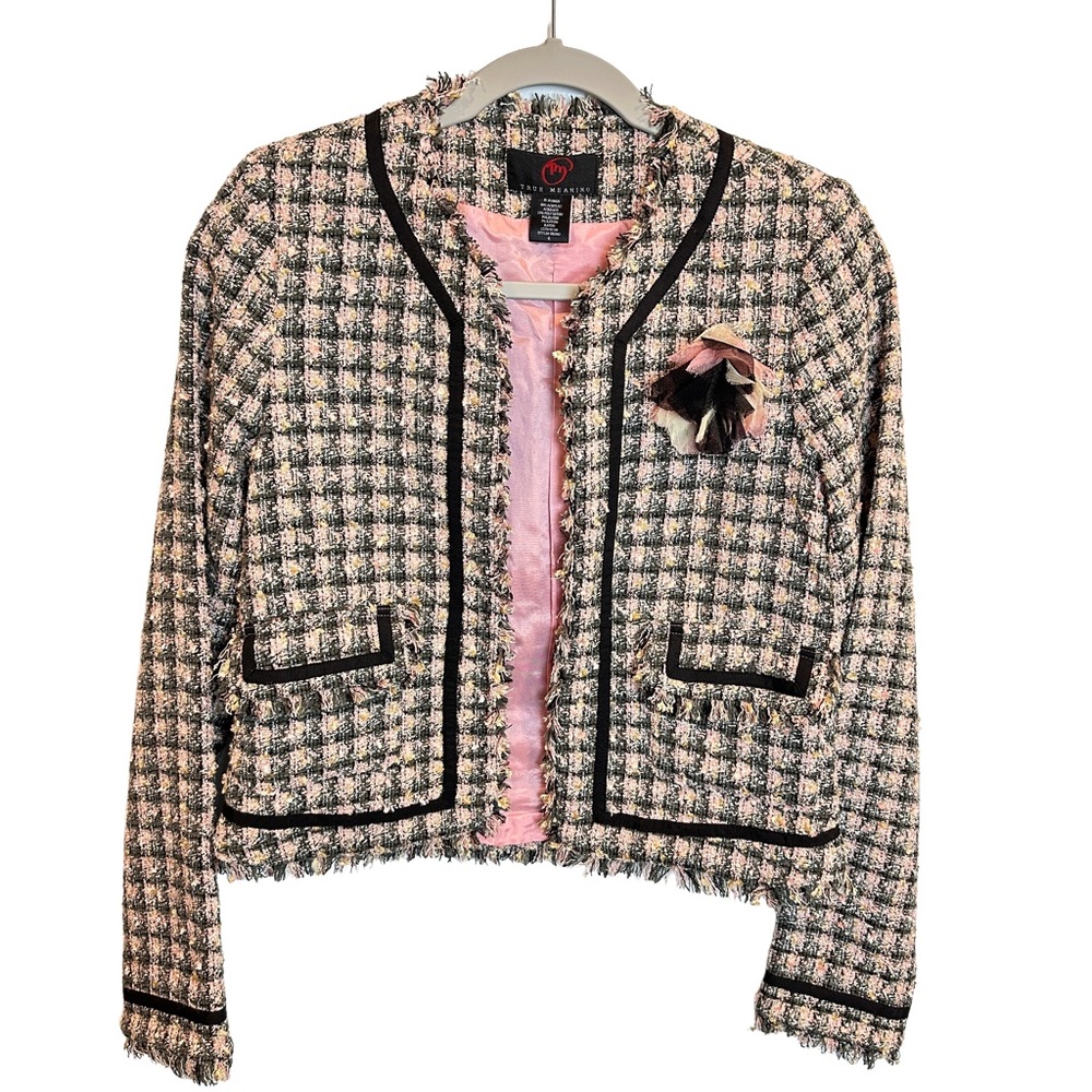 True Meaning Tweed Blazer in Pink Black and White with Pink Flower Accent Lined